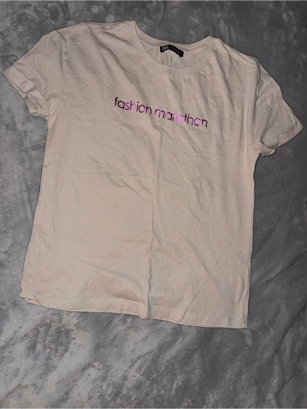 Zara White Tee with Pink/Purple 'fashion marathon' Script